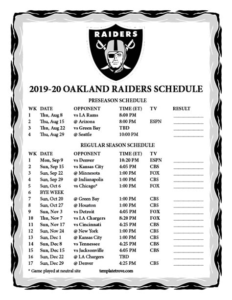 Printable 2019-2020 Oakland Raiders Schedule