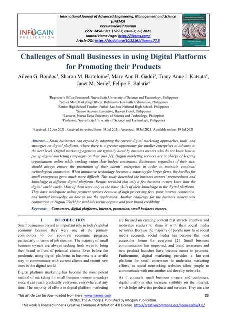 Challenges of Small Businesses in using Digital Platforms for Promoting ...