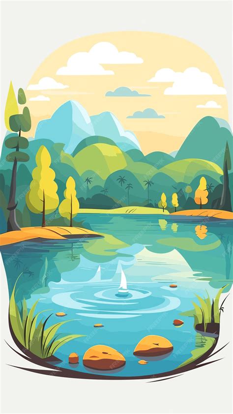 Premium Vector | Lake nature landscape drawing cartoon artwork vector