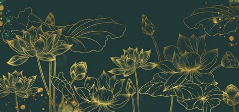 Lotus Golden Line Art Flowers Blooming Lotus Pond Background, Lotus ...