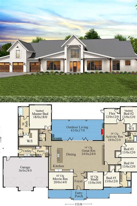 Single-Story 6-Bedroom Modern Barn Home with Outdoor Living (Floor Plan) | Craftsman house plans ...