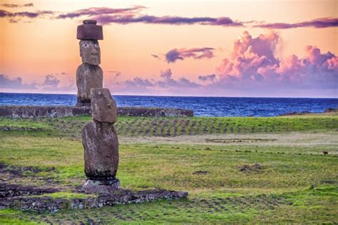 Premium Photo | Moai statues at sunset