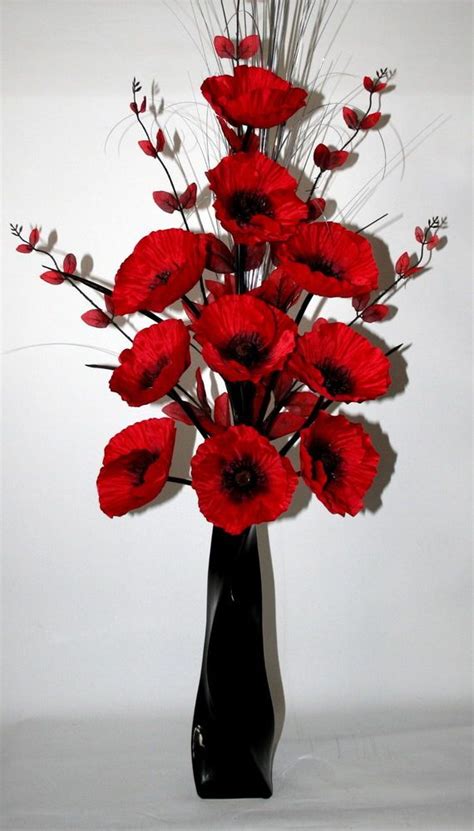 Artificial Silk Flowers Red Poppy Flower Arrangement In Black Vase -100cms High | Artificial ...