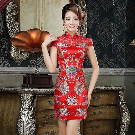 Red Bride Wedding Qipao Silk Short Cheongsam Dress Chinese Traditional ...