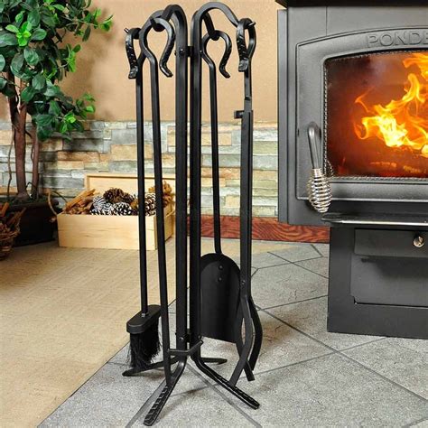 5 Piece Black Wrought Iron Fireplace Tool Set