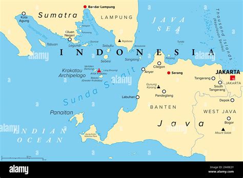 Sunda Strait, Indonesia, political map. Strait between the Indonesian islands Java and Sumatra ...