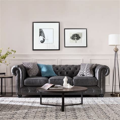 Bowery Hill 20" Traditional Leather Tufted Back Chesterfield Sofa in ...