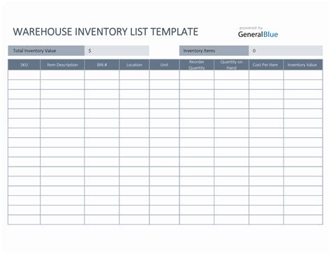 Warehouse Inventory List Template in Excel