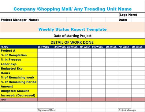 Weekly Task Report Template Excel