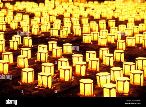 Lanterns lit in preparation for annual Obon Festival (Festival of the Dead) where lanterns are ...