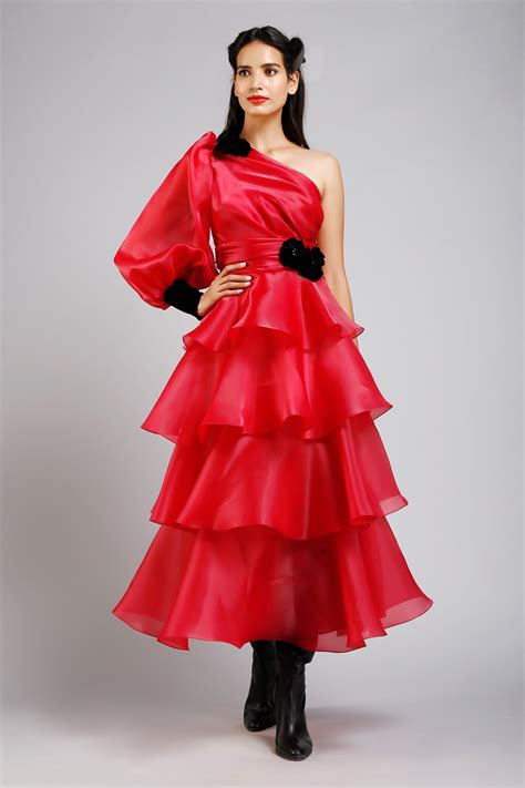 Buy Red Organza Asymmetric Tiered One Shoulder Dress For Women by Gauri & Nainika Online at Aza ...