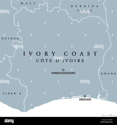 Ivory Coast political map with capital Yamoussoukro and Abidjan. Republic of Côte d'Ivoire ...