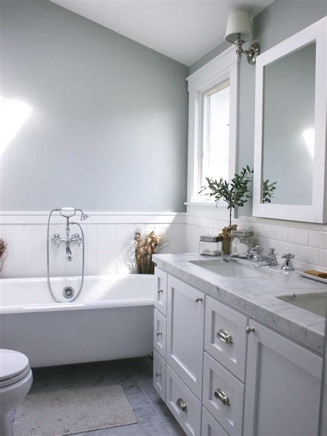 Gray Bathroom With White Wainscoting