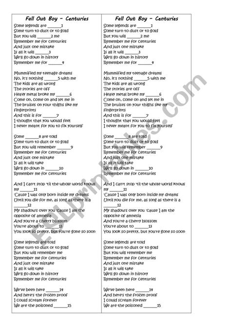 Fall Out Boy - Centuries song worksheet - ESL worksheet by Marnin