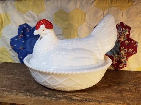 Westmoreland Milk Glass Hen on a Nest With Red Comb and Eyes | Etsy