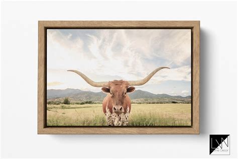 Texas longhorn steer with floating frame canvas leather print/Large ...