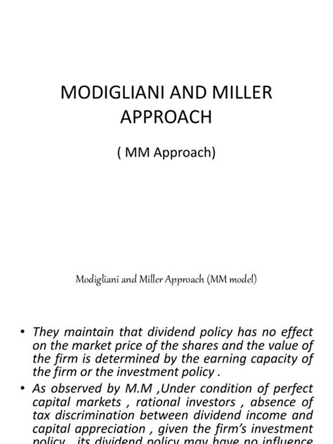 MODIGLIANI AND MILLER APPROACH.pptx | Dividend | Investor