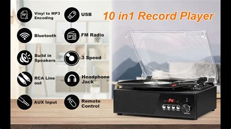 Udreamer Vinyl Record Player Bluetooth with USB Digital FM Radio Remote Control Vintage ...