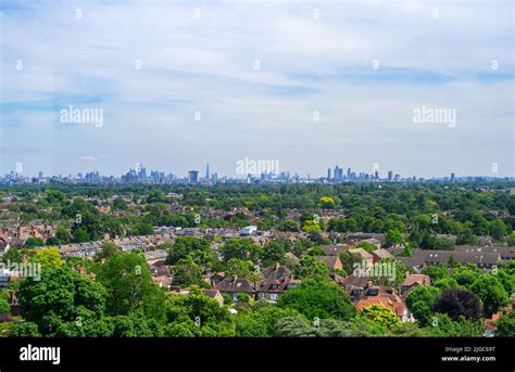 View of the London skyline from The Great Pagoda, Kew Gardens, Richmond, London, England, UK ...