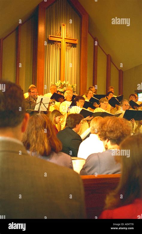 Choir singing hymns during church service. Presbyterian Church of Western Springs Illinois USA ...