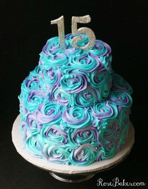 Teal & Lavender Swirled Buttercream Roses 15th Birthday Cake | 15th ...