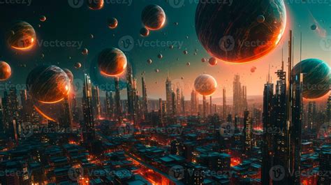 futuristic urban city, psychedelic abstract cityscape planet on future ...