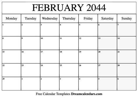 February 2044 Calendar - Free Printable with Holidays and Observances