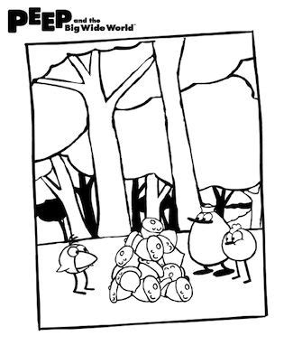 Peep, Chirp, and Quack ponder a pile of acorns! Download and print this coloring page here: http ...