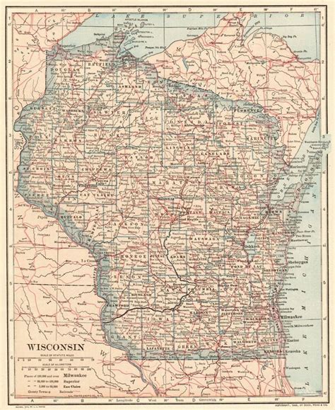 1908 Antique WISCONSIN State Map Vintage Collectible Map of Wisconsin ...