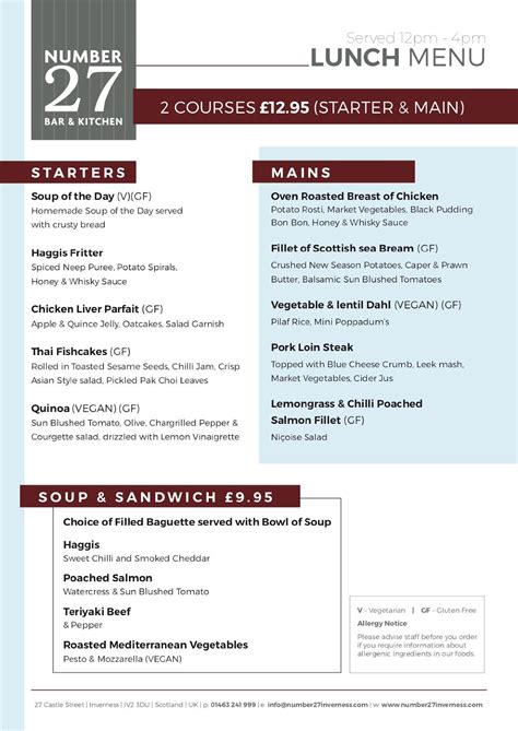 Menu at Number 27 Bar and Kitchen, Inverness