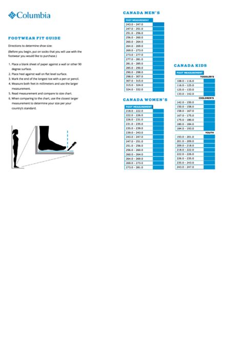 Columbia Footwear Fit Guide & Size Chart printable pdf download