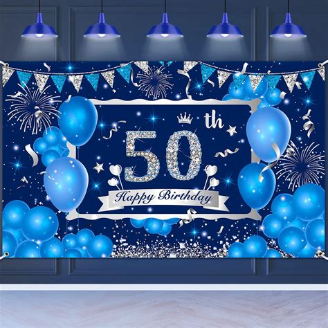 Blue 50th Birthday Decorations Banner for Men Women, Navy Blue Silver ...