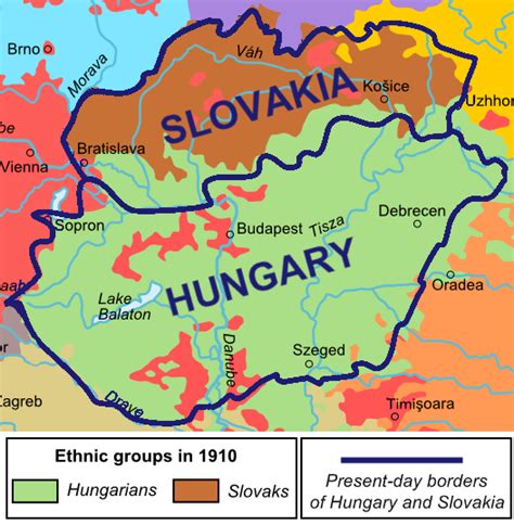 Ethnic map of Slovakia and Hungary in 1910, with current borders ...