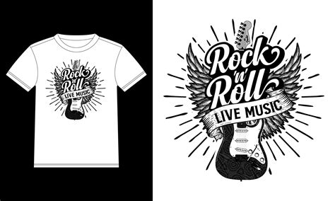 Rock and Roll Live Music hand drawn lettering with guitar, wings and ...