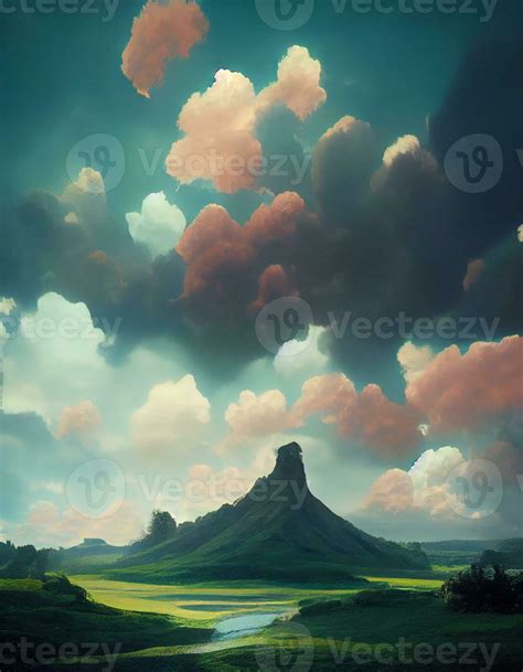 painting of a mountain with clouds in the sky. . 23878463 Stock Photo ...