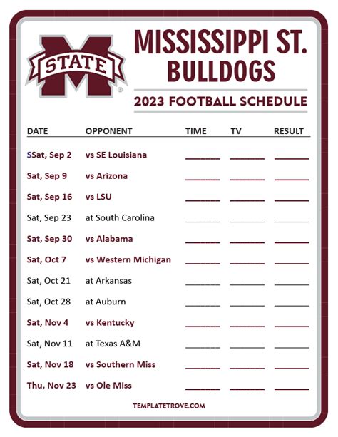 Printable 2023 Mississippi State Bulldogs Football Schedule