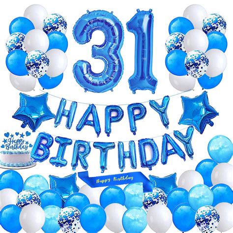 Buy Minhero Lee Blue 31st Birthday Decoration Happy Birthday Banner Number 31 Balloons Blue ...