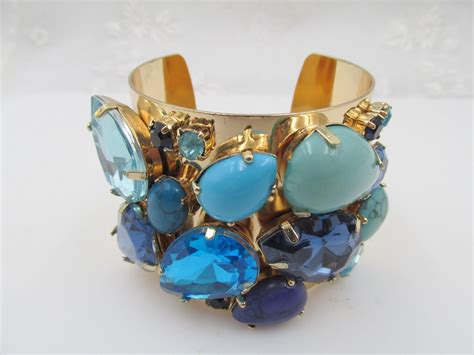 Estate Wide Blue Rhinestone Chunky Cuff Bracelet | Vintage costume jewelry, Turquoise bracelet ...