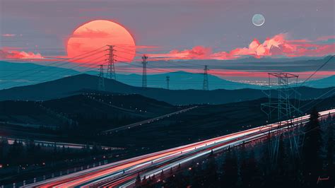 Aenami, trees, forest, hills, sunset, road, power lines, clouds, Moon | 1920x1080 Wallpaper ...