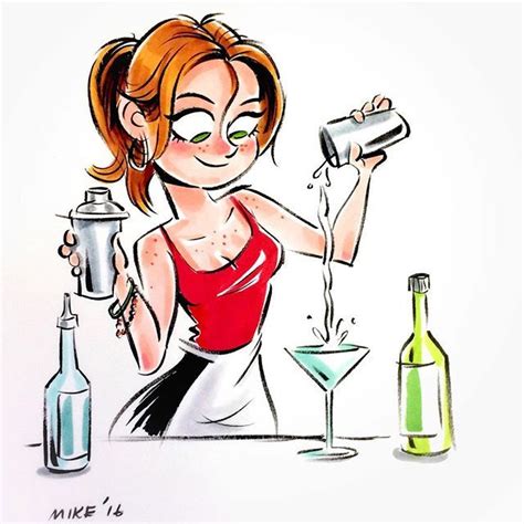 a drawing of a woman pouring a drink into a glass with a shaker in her hand