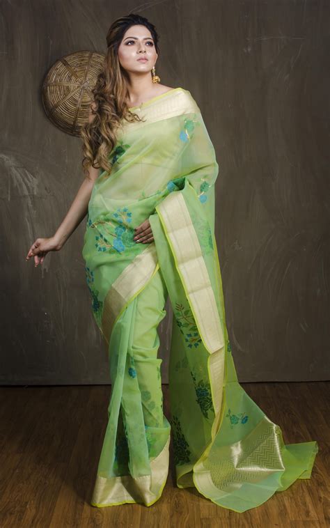 Embroidery Organza Banarasi Saree in Green and Blue | Elegant saree, Kora silk sarees, Organza saree