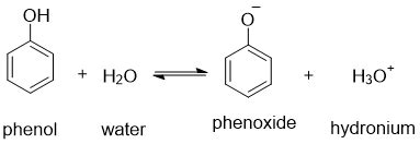 Write the chemical reaction that occurs when phenol is mixed with water and name the product ...