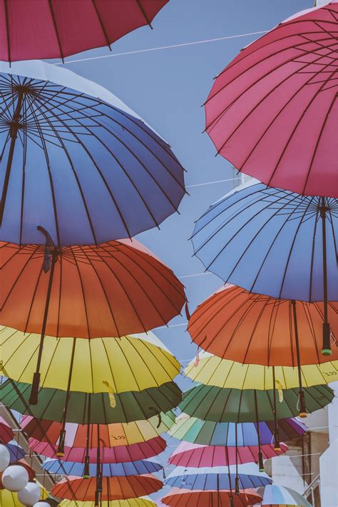 Free Images : sky, white, roof, umbrella, color, shadow, blue, hanging, yellow, pink, art ...