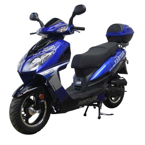 a blue scooter is shown with the words taotaoo on it's side