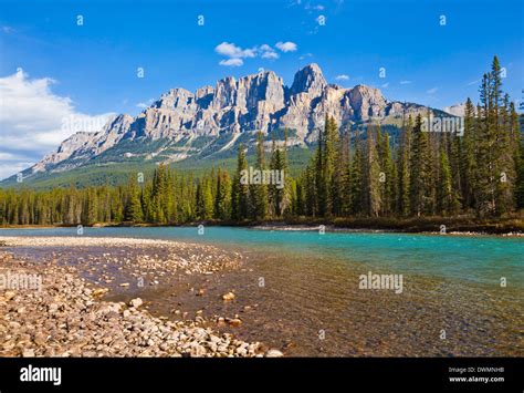 Castle Mountain behind the Bow river at Castle Junction, Banff National ...