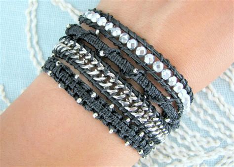 Beaded Wrap Bracelet With Silver Chain and Macrame in Silver - Etsy