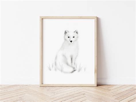 Arctic Fox Nursery Art White Fox Pencil Drawing Gender | Etsy