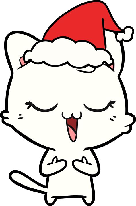 happy line drawing of a cat wearing santa hat 10542698 Vector Art at ...