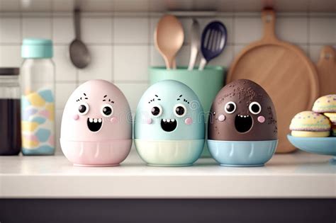 Easter Eggs Cute Character on a Kitchen Furniture. Colorful Eggs Cartoons Characters. Stock ...