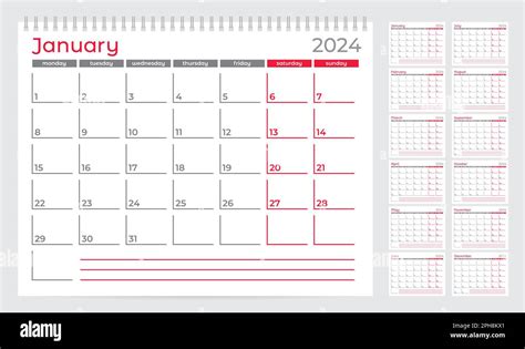 Calendar 2024 planner template. Week Starts on Monday. Set of 12 Months. Vector Illustration ...